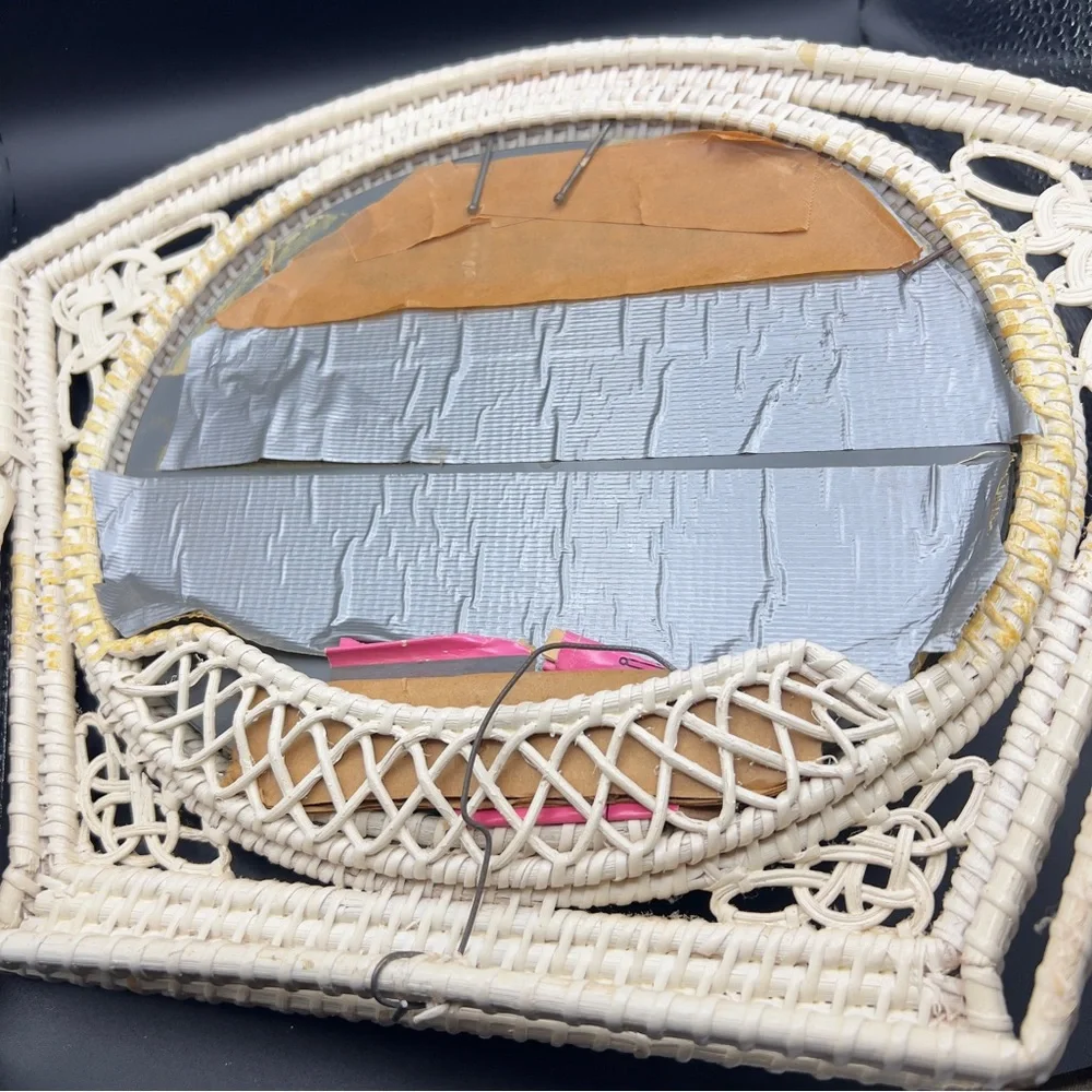 Antique Wicker Vanity Mirror Bathroom Off White 20s Deco 14”x10”
